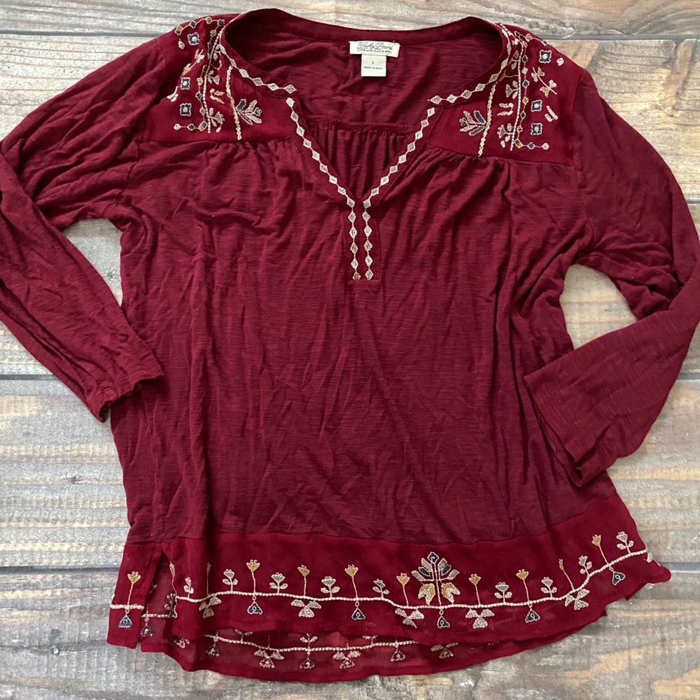 Make Offer! Lucky Brand Burgundy red Embroidered V-Neck Boho Blouse Large